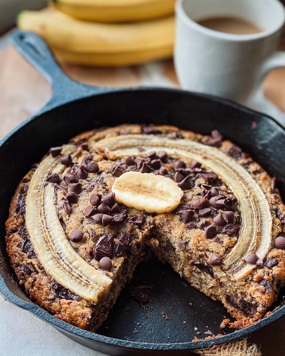 A freshly baked Banana Bread Skillet topped with chocolate chips and banana slices, with one piece already served.