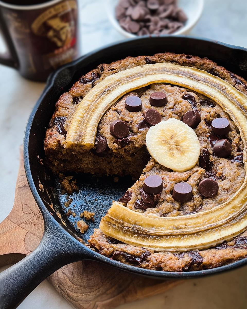 A warm slice removed from a rich Banana Bread Skillet topped with chocolate chips and fresh banana slices.