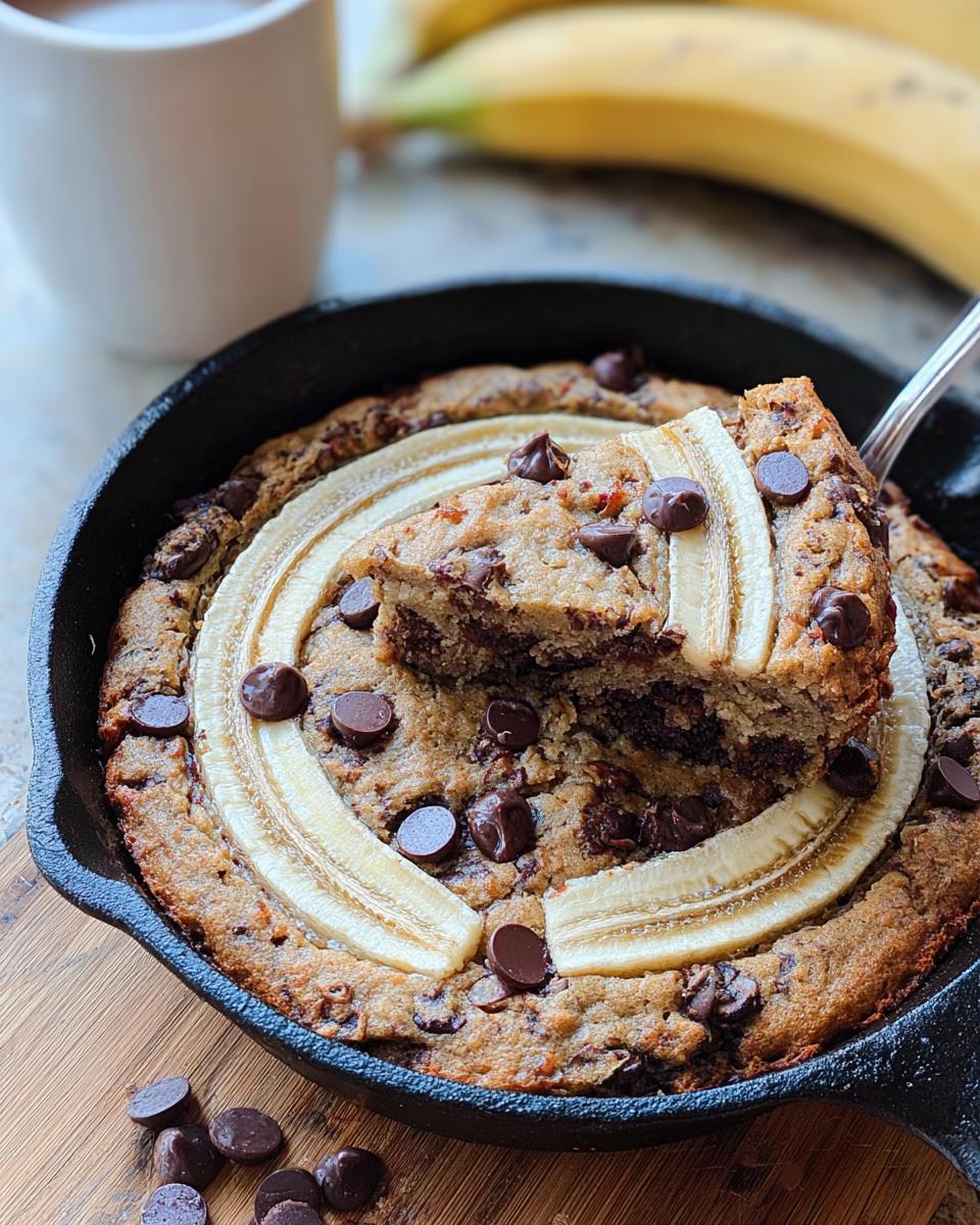 A slice being lifted from a freshly baked Banana Bread Skillet topped with chocolate chips and banana slices.