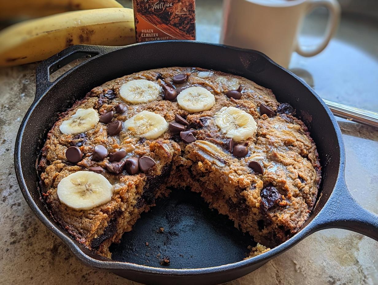 A freshly baked Banana Bread Skillet in a cast iron pan, topped with chocolate chips and banana slices.