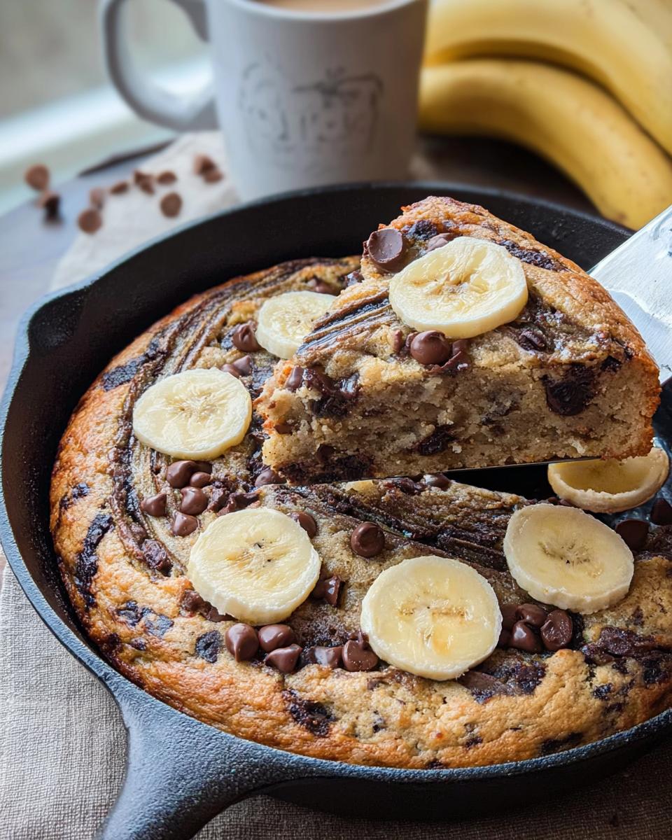 A slice being lifted from a freshly baked Banana Bread Skillet topped with chocolate chips and banana slices.