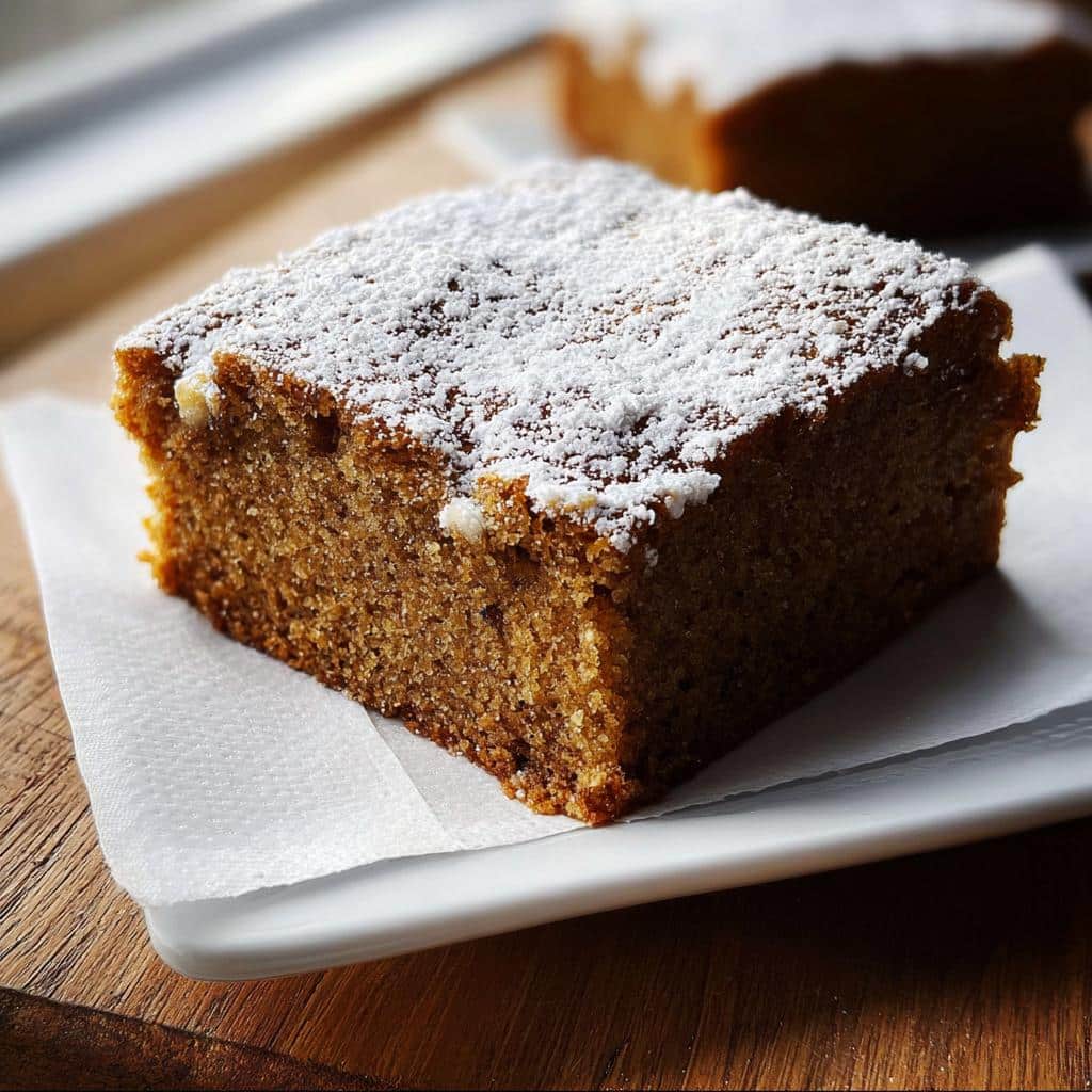 A square slice of moist Banana Bread Snack Cake dusted generously with white powdered sugar.