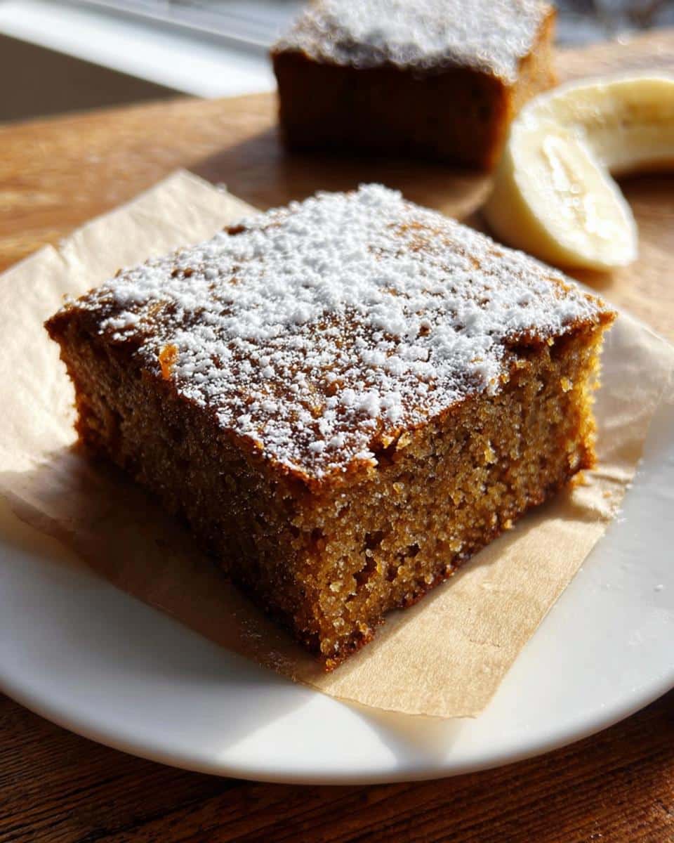 A square slice of moist Banana Bread Snack Cake dusted with powdered sugar, served on parchment paper.
