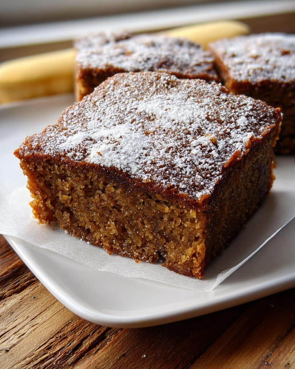 Close-up of a square slice of moist Banana Bread Snack Cake dusted with powdered sugar on a white plate.