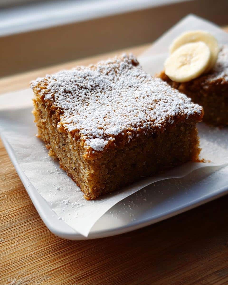A close-up of a square slice of moist Banana Bread Snack Cake dusted heavily with powdered sugar, served on white parchment.
