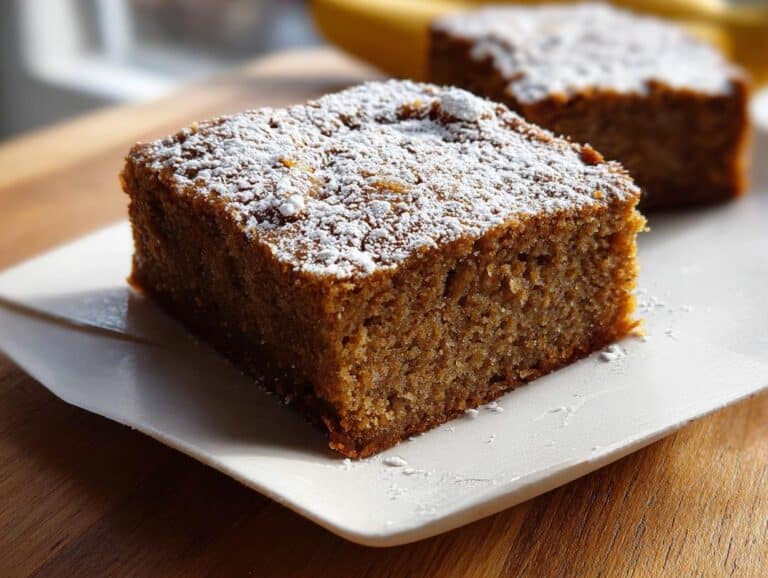 Close-up of a moist slice of Banana Bread Snack Cake dusted with powdered sugar on a white plate.