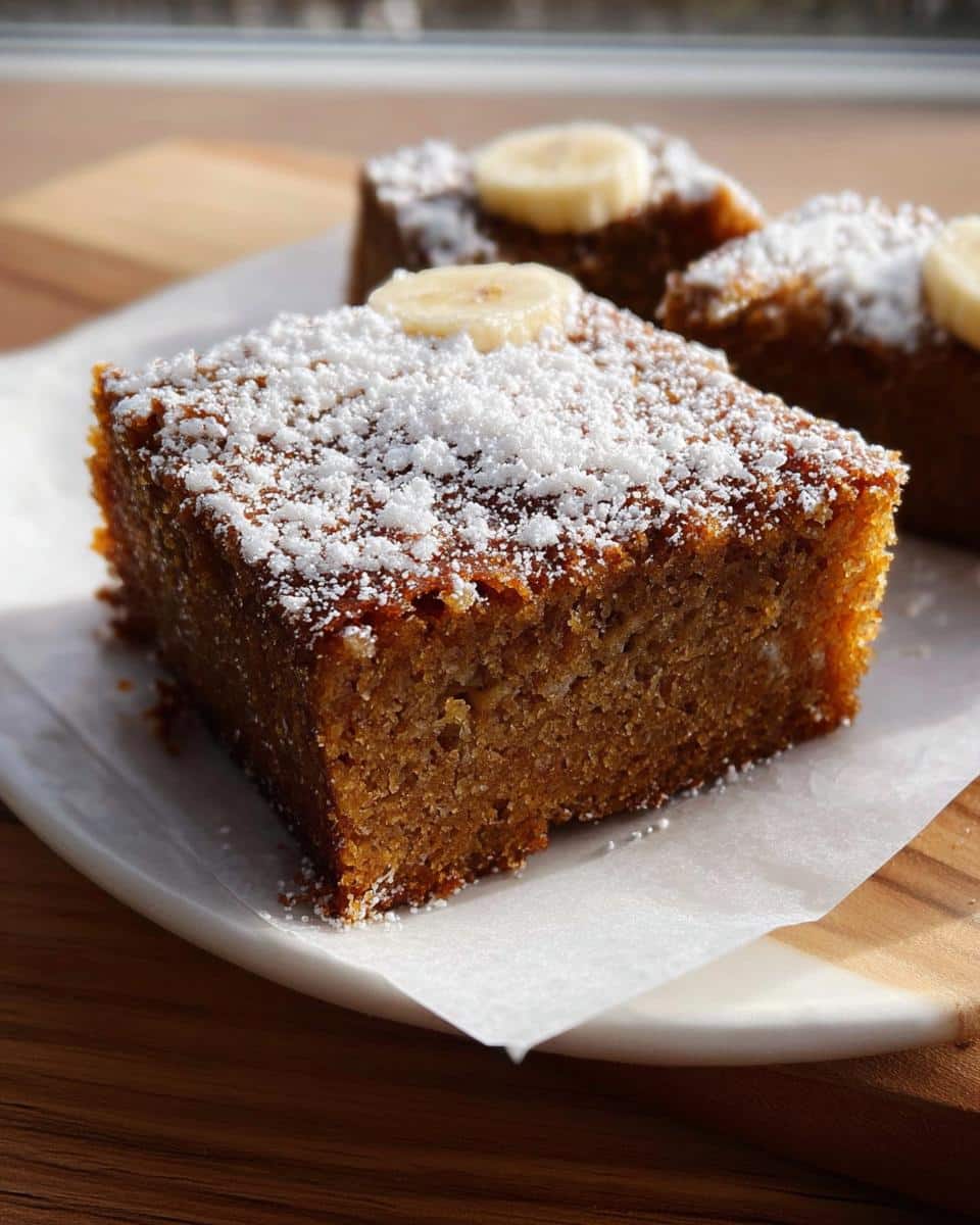 A close-up of a square slice of moist Banana Bread Snack Cake dusted with powdered sugar and topped with a banana slice.