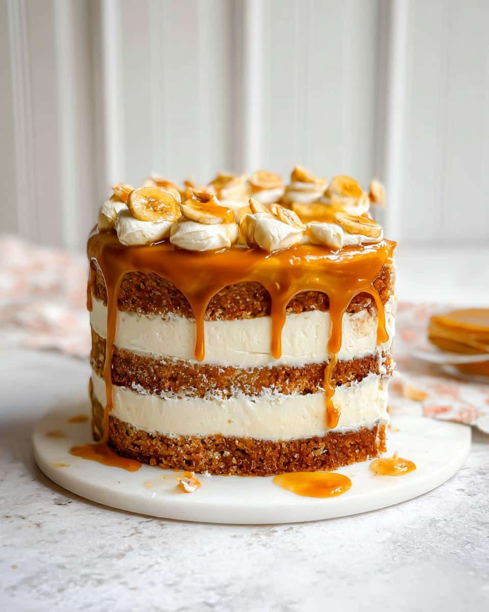 A tall, naked Banana Layer Cake with Caramel Frosting, featuring three layers of cake, thick cream filling, and a rich caramel drip topped with banana slices.
