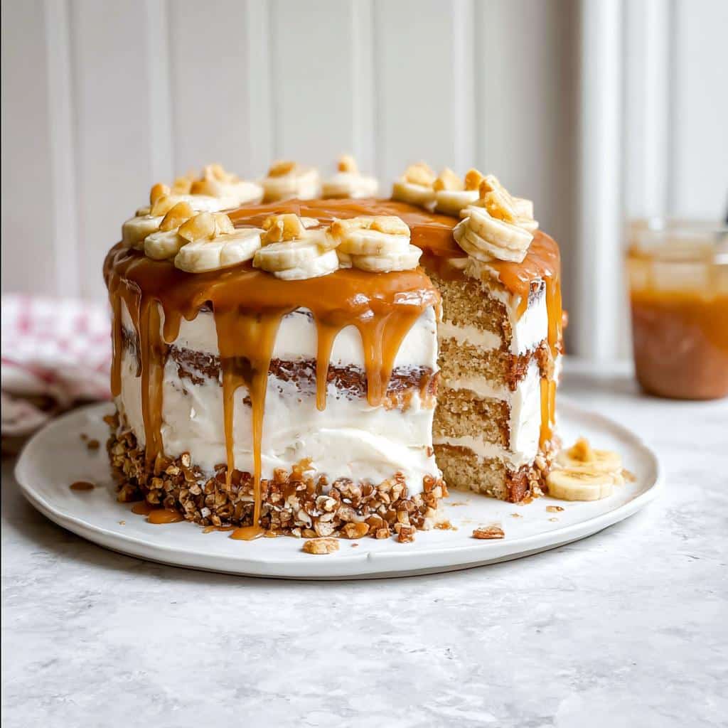 A tall, decadent Banana Layer Cake with Caramel Frosting, featuring layers of cake, cream cheese frosting, and a heavy caramel drip.