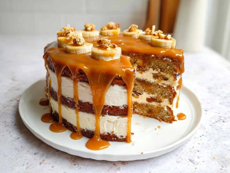 A tall Banana Layer Cake with Caramel Frosting, featuring layers of cake and cream, topped with banana slices and walnuts.