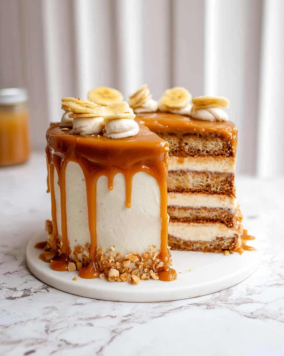 A tall slice of Banana Layer Cake with Caramel Frosting showing multiple layers, topped with banana slices.