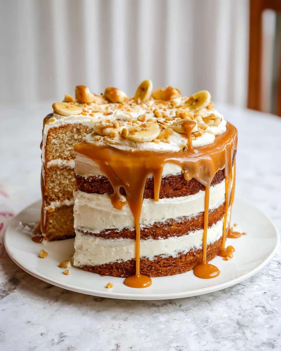 A tall Banana Layer Cake with Caramel Frosting, featuring three layers, white frosting, and dripping caramel sauce.