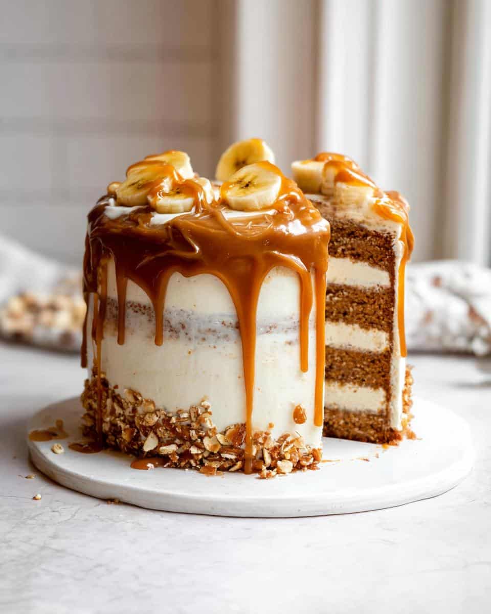 A decadent Banana Layer Cake with Caramel Frosting, topped with banana slices and chopped nuts.