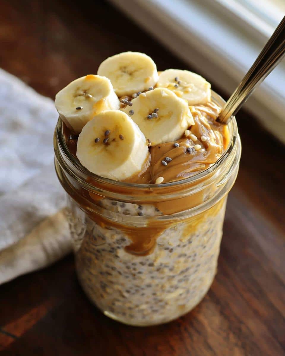 Close-up of Banana Peanut Butter Overnight Oats topped with sliced bananas and peanut butter.