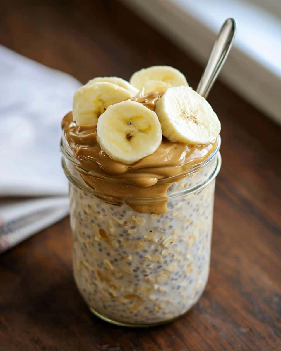Close-up of Banana Peanut Butter Overnight Oats topped with peanut butter and fresh banana slices.