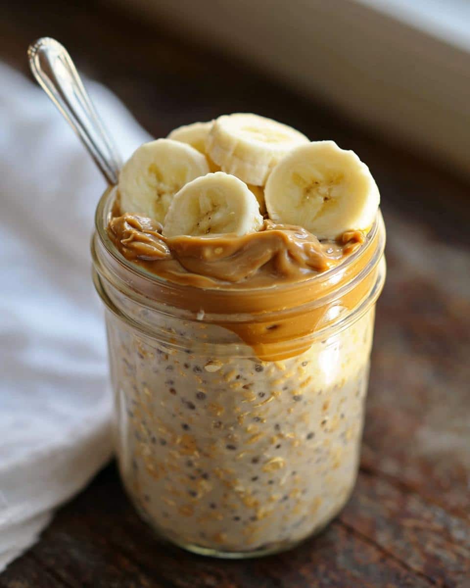 Close-up of Banana Peanut Butter Overnight Oats topped with peanut butter drizzle and fresh banana slices.
