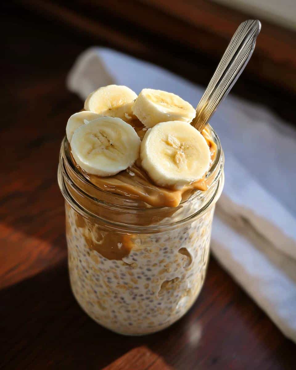 Close-up of Banana Peanut Butter Overnight Oats topped with creamy peanut butter and fresh banana slices in a glass jar.