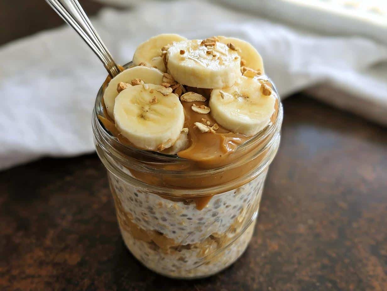 Close-up of Banana Peanut Butter Overnight Oats topped with banana slices and creamy peanut butter.