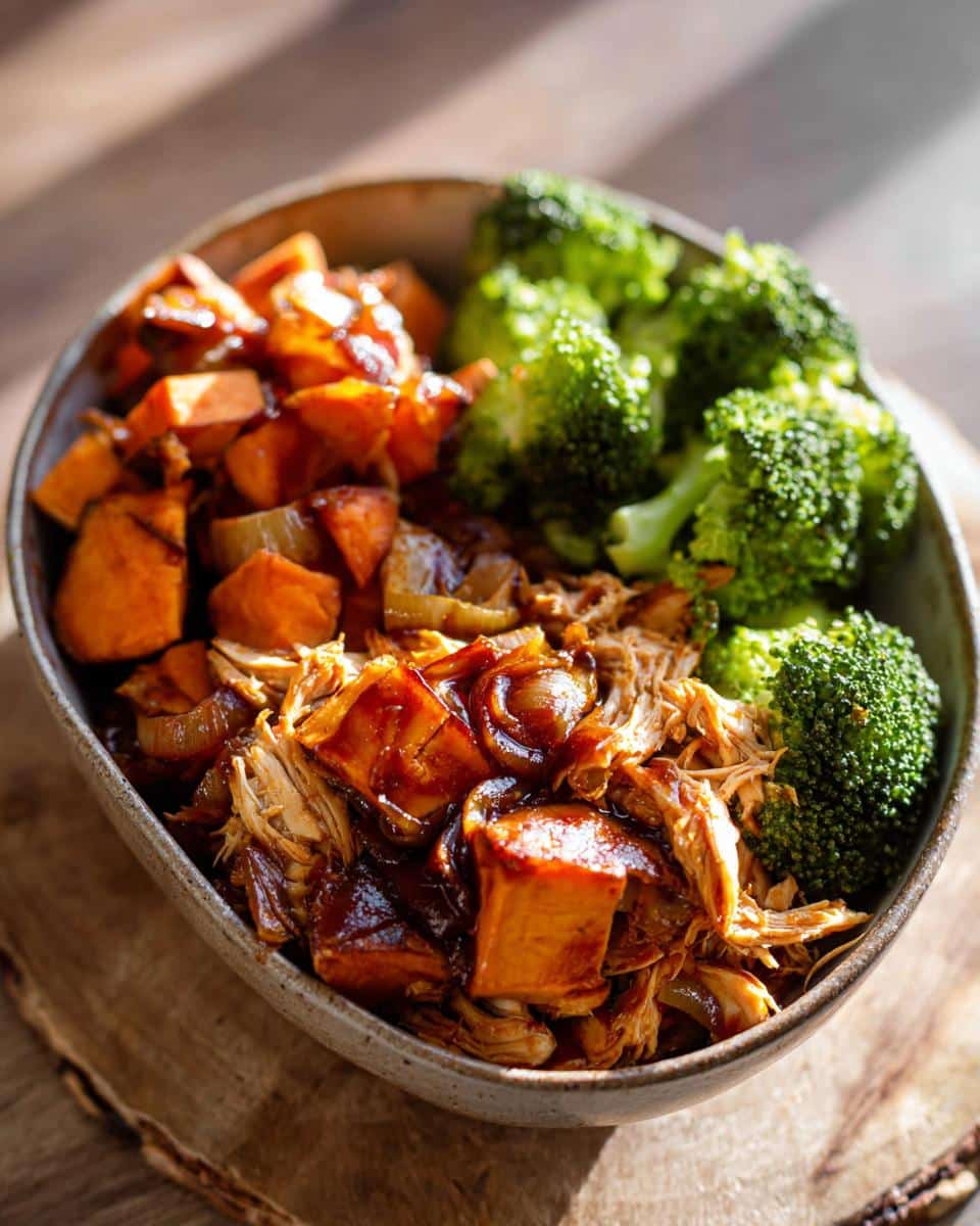 Close-up of a BBQ Chicken Sweet Potato Bowls serving with shredded chicken, glazed sweet potatoes, and bright green broccoli.