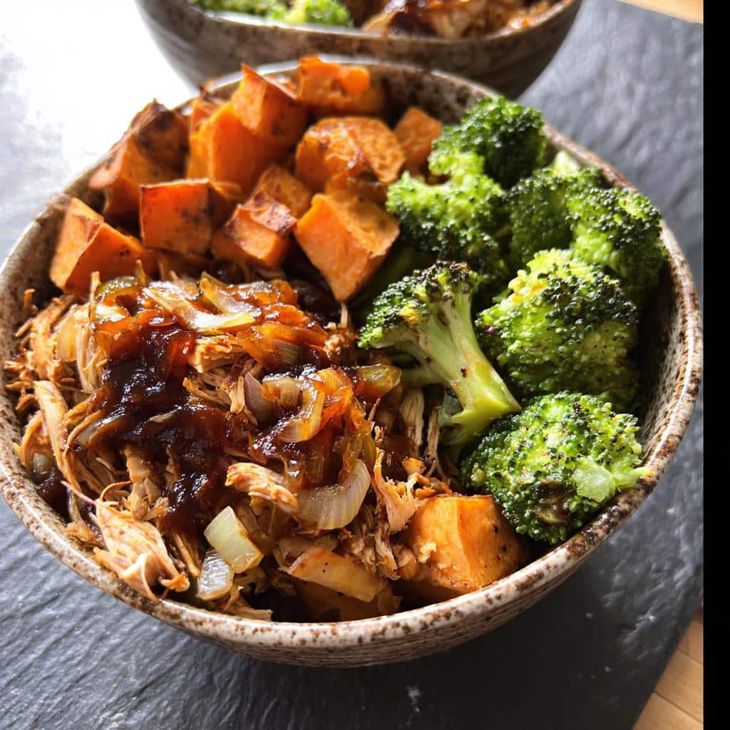 A close-up of a single serving of BBQ Chicken Sweet Potato Bowls featuring shredded chicken with BBQ sauce and onions, roasted sweet potatoes, and bright green broccoli florets.