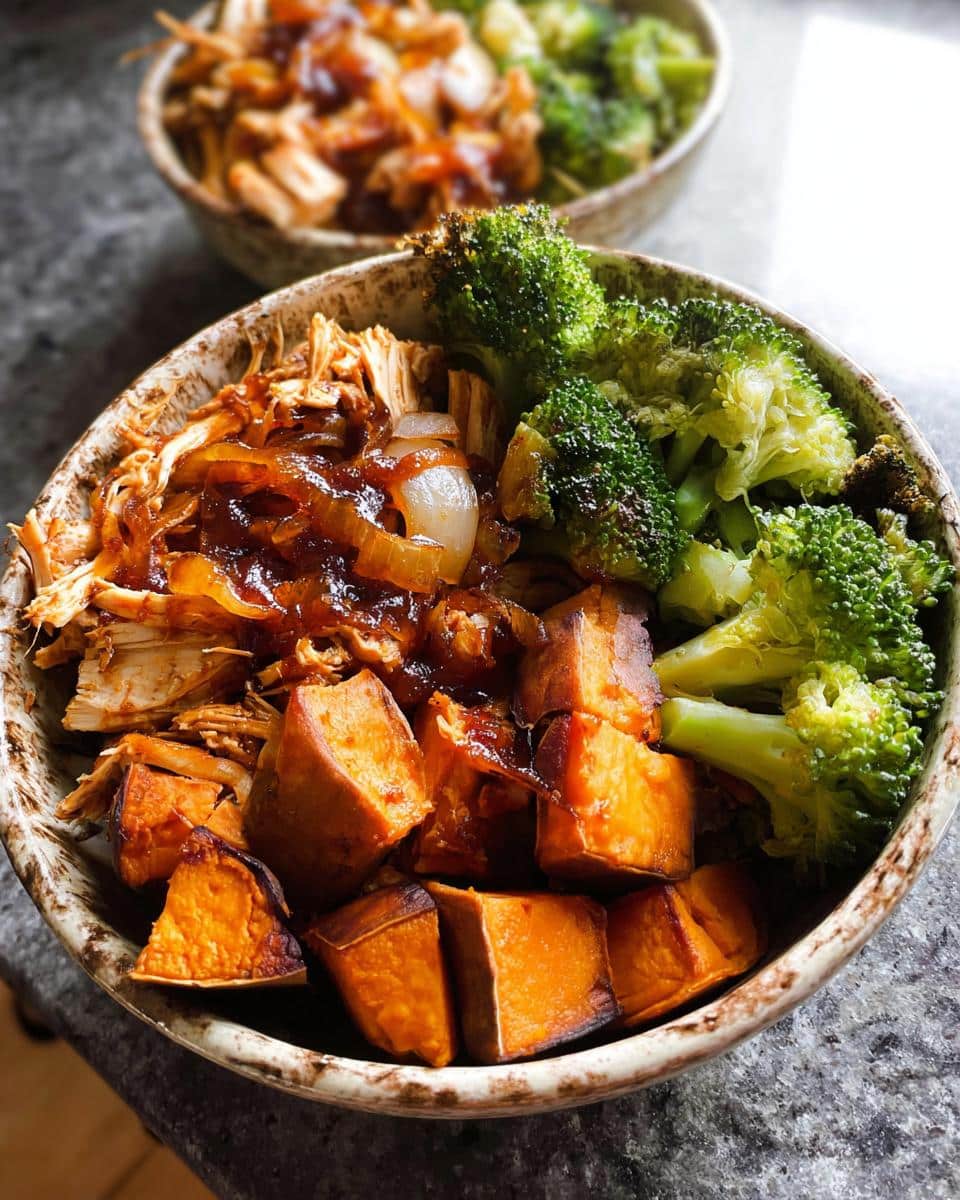Close-up of a BBQ Chicken Sweet Potato Bowls featuring shredded chicken, caramelized onions, roasted sweet potatoes, and bright green broccoli.