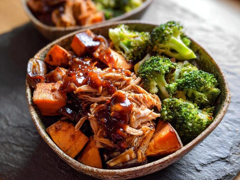 A close-up of a healthy BBQ Chicken Sweet Potato Bowls featuring shredded chicken with BBQ sauce, roasted sweet potato chunks, and bright green broccoli florets.