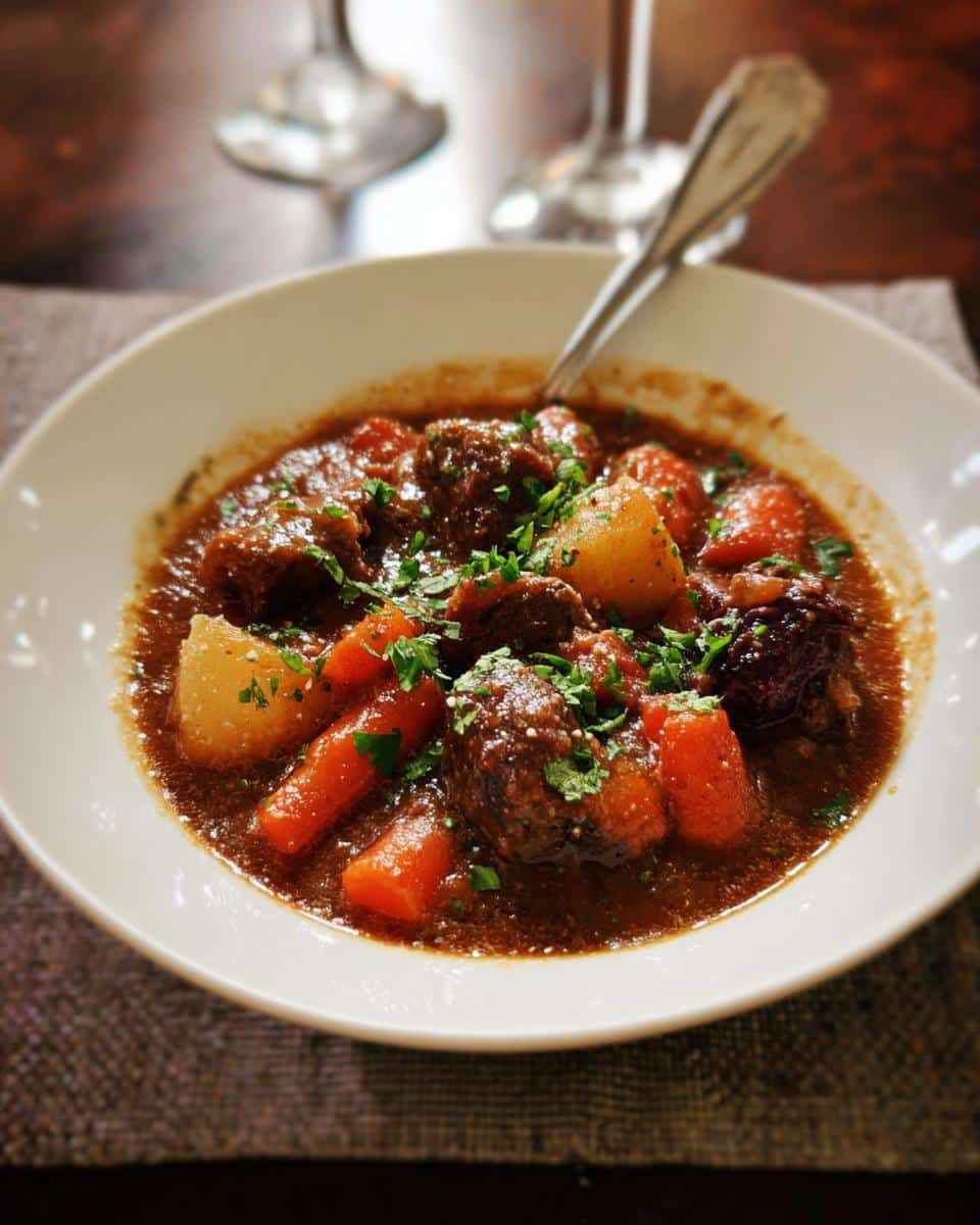 A close-up of a rich Beef Stew With Italian Herbs, featuring tender beef chunks, carrots, and potatoes, garnished with fresh parsley.