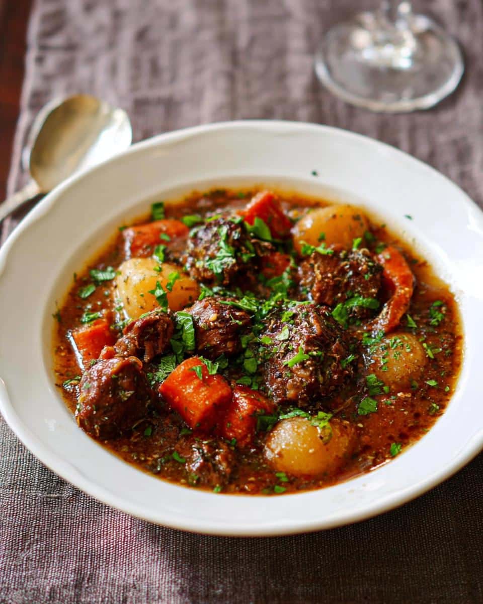 A white bowl filled with rich Beef Stew With Italian Herbs, featuring chunks of beef, carrots, and pearl onions, topped with fresh parsley.
