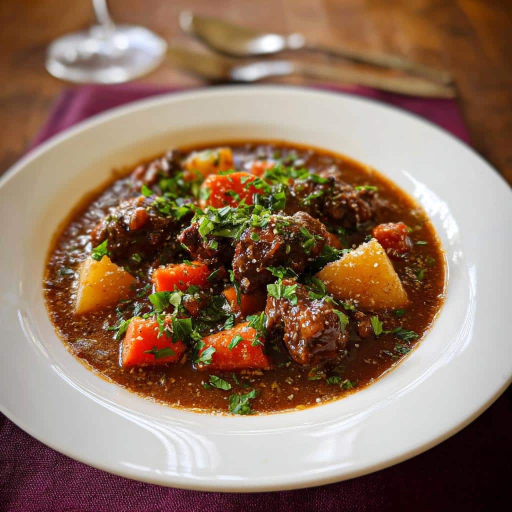 Close-up of a rich Beef Stew With Italian Herbs, featuring dark beef chunks, carrots, potatoes, and fresh parsley garnish.