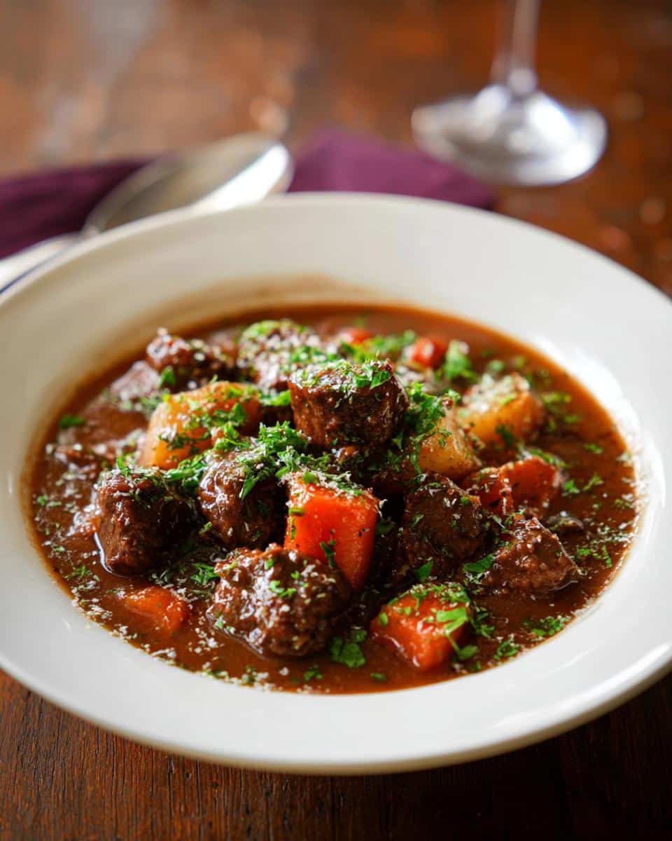 A close-up of a rich Beef Stew With Italian Herbs, featuring chunks of beef and carrots, topped with parsley and grated cheese.