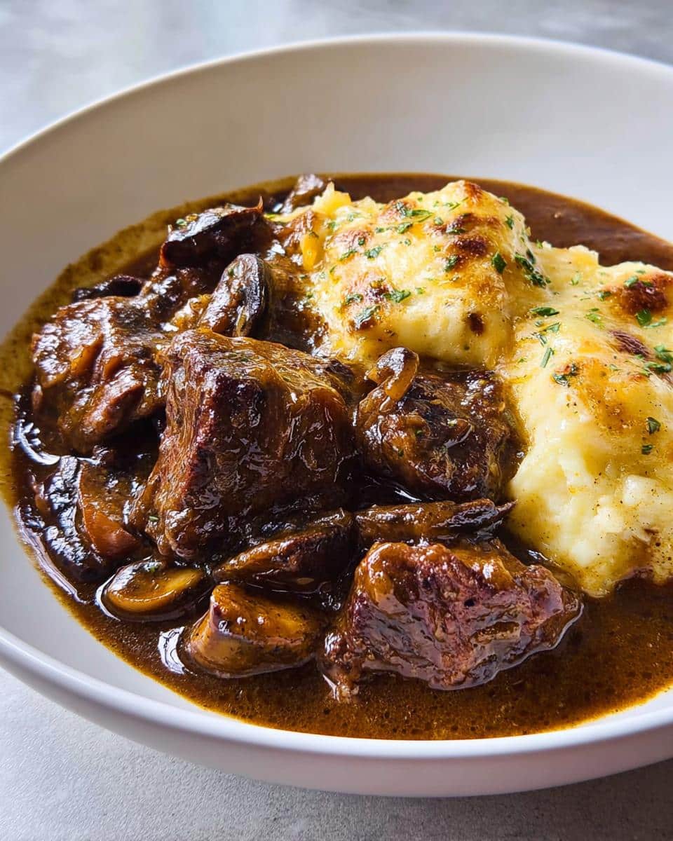 Close-up of tender chunks of Beef Stew With Onion Gravy served alongside cheesy mashed potatoes.