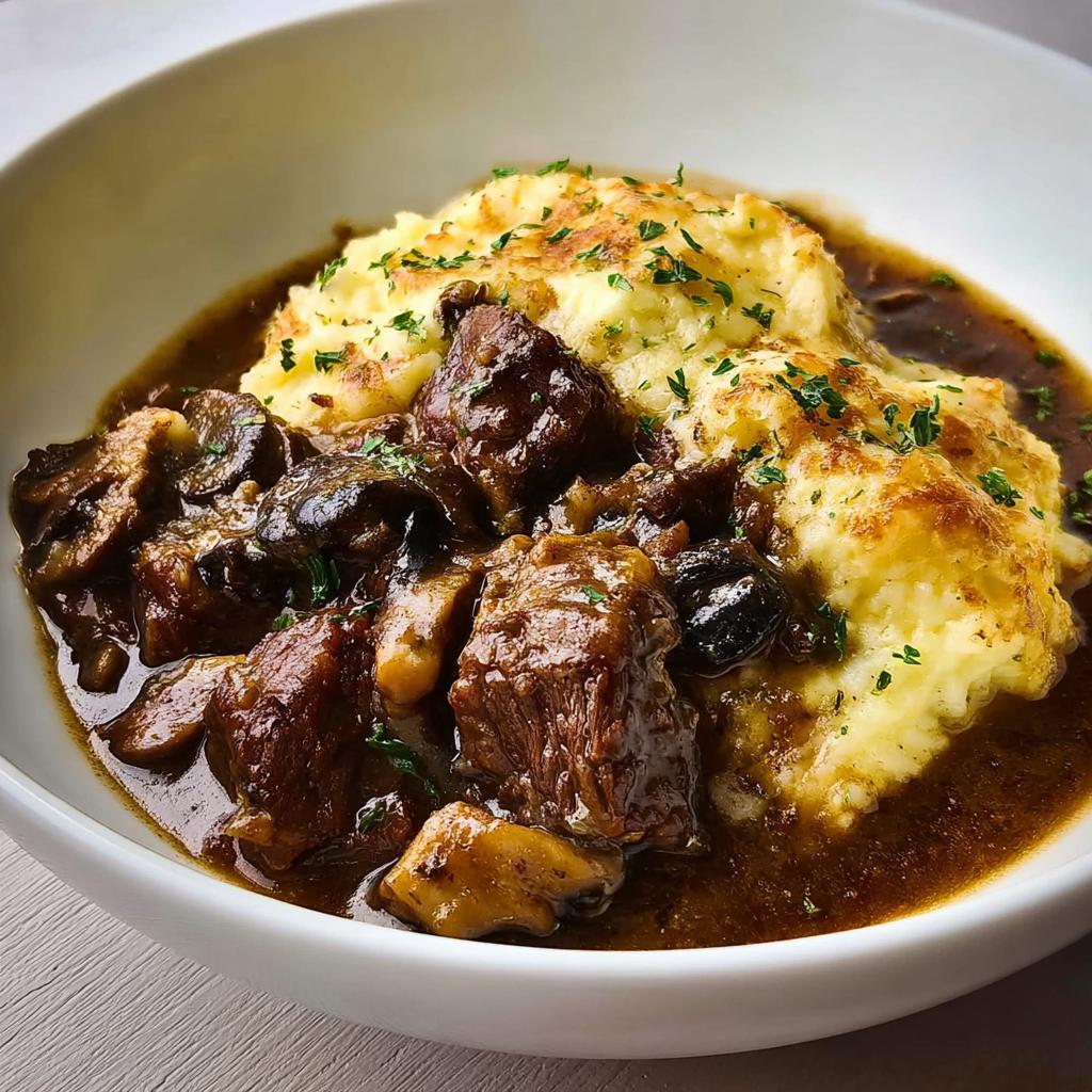 Close-up of tender chunks in Beef Stew With Onion Gravy served alongside creamy mashed potatoes, garnished with parsley.