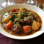 Close-up of a rich Beef Stew With Italian Herbs featuring tender beef chunks, carrots, and potatoes, garnished with fresh parsley.