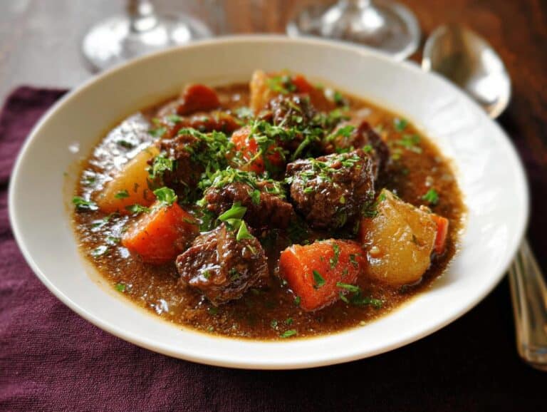 Close-up of a rich Beef Stew With Italian Herbs featuring tender beef chunks, carrots, and potatoes, garnished with fresh parsley.