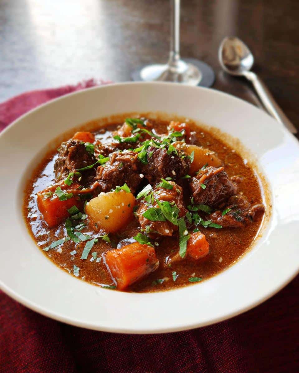 Close-up of a bowl of rich Beef Stew With Italian Herbs, featuring tender beef chunks, potatoes, and carrots, topped with fresh parsley.
