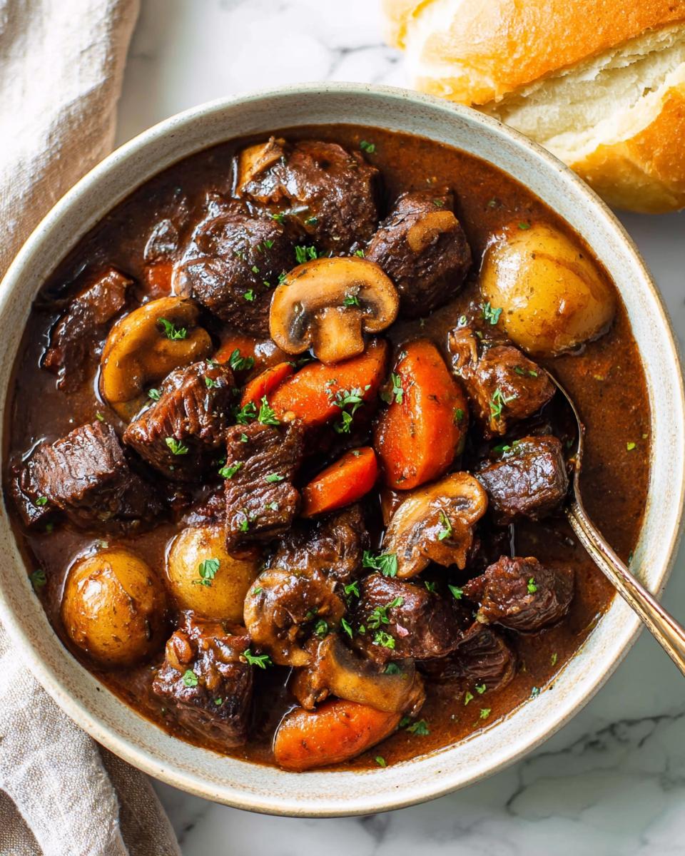 Close-up of a hearty bowl of Beef Stew With Mushrooms, featuring tender beef chunks, carrots, and whole mushrooms in a rich sauce.