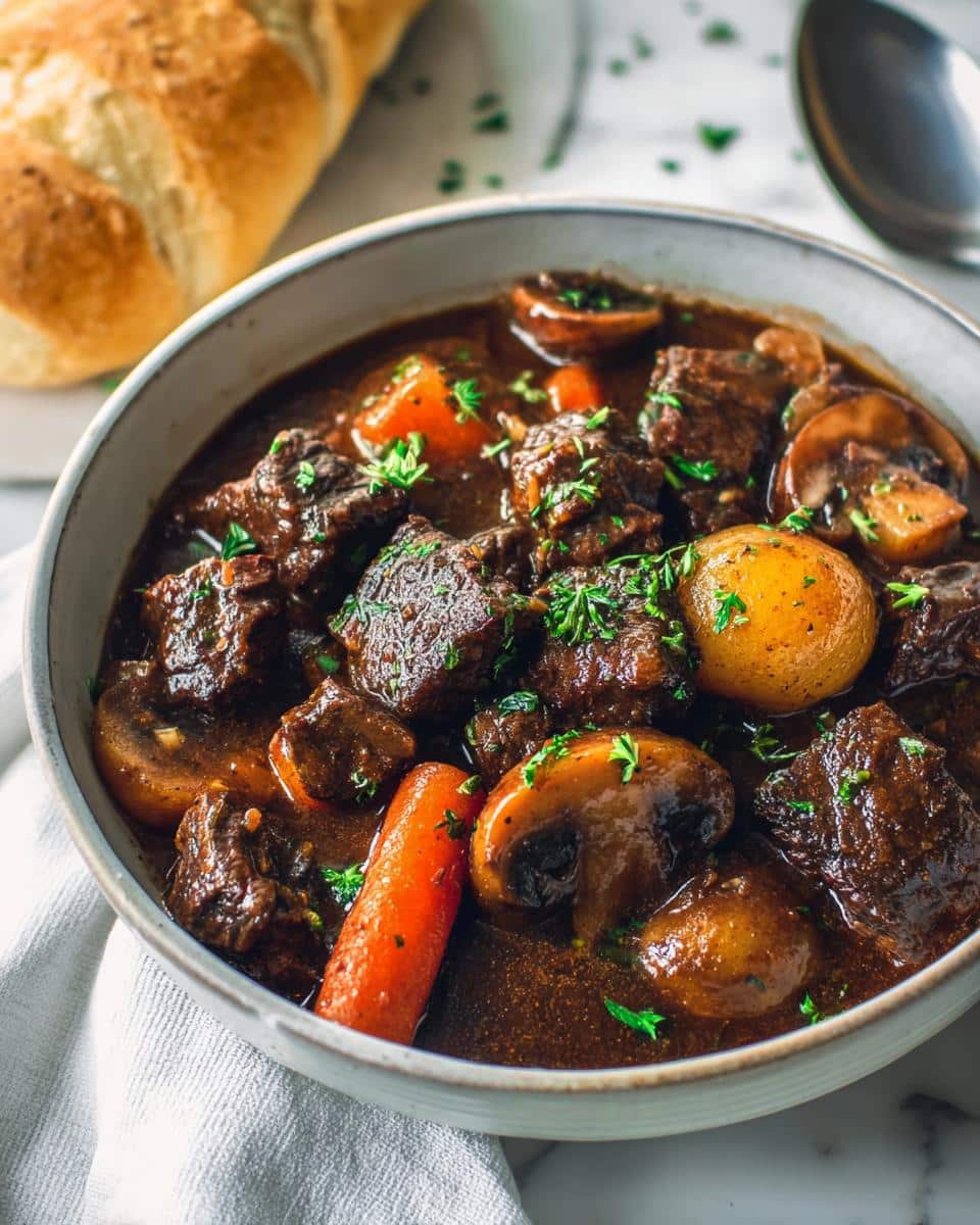 Close-up of rich Beef Stew With Mushrooms, featuring tender beef chunks, carrots, and mushrooms in a dark gravy.
