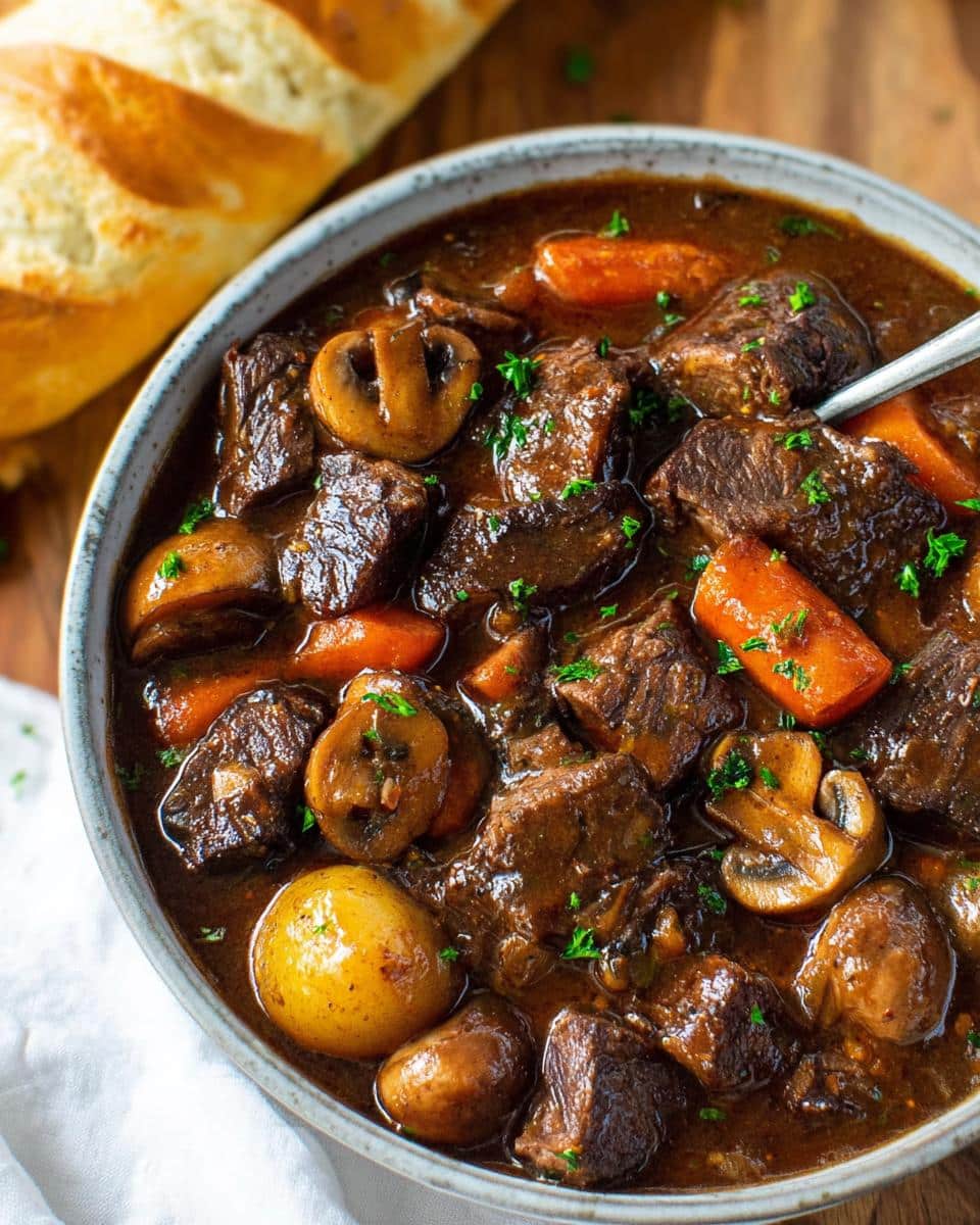 Close-up of a rich Beef Stew With Mushrooms, tender beef chunks, carrots, and potatoes in a deep bowl.