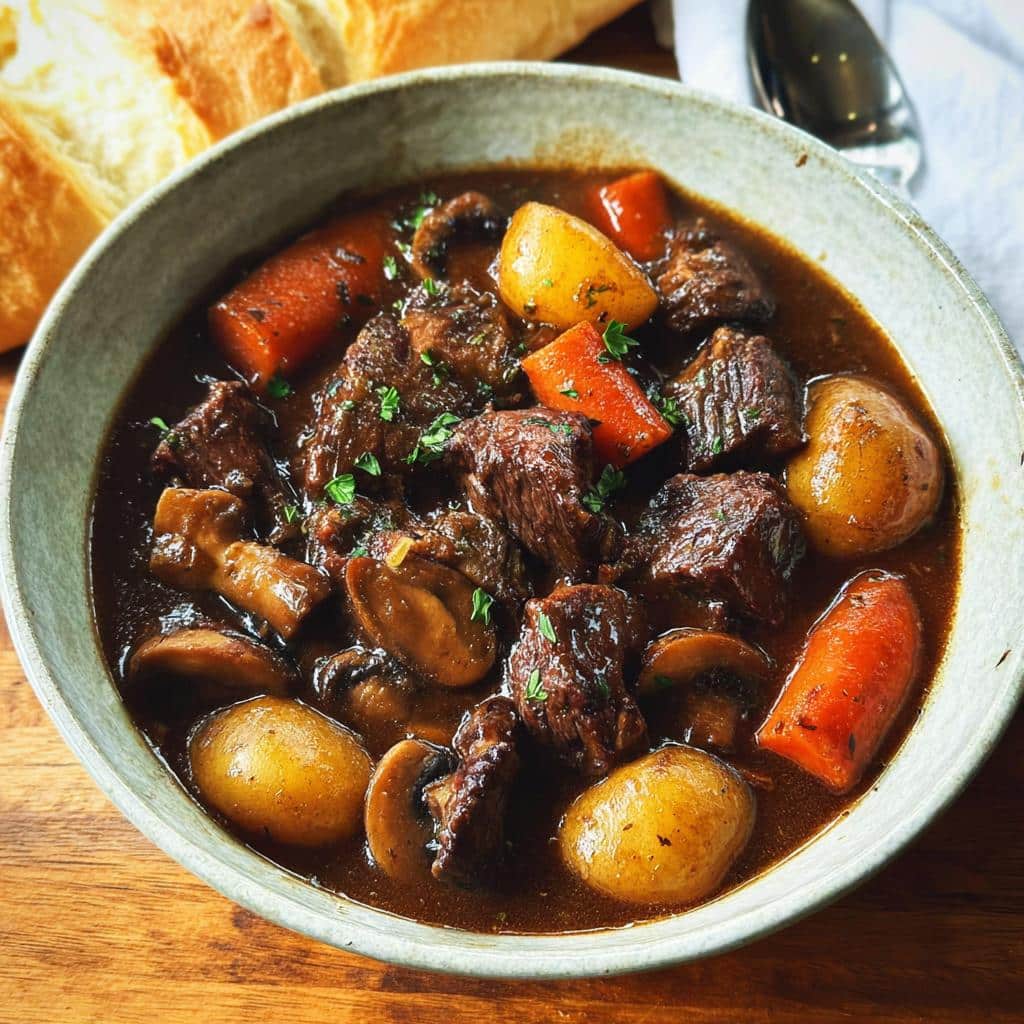 Close-up of a rich, dark Beef Stew With Mushrooms and chunks of carrots and potatoes in a rustic bowl.