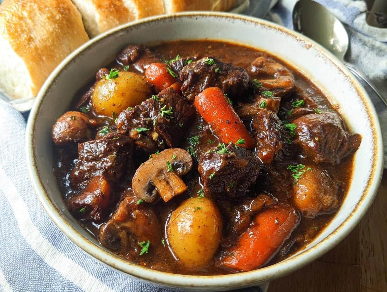 Close-up of a hearty bowl of Beef Stew With Mushrooms, featuring tender beef, carrots, potatoes, and mushrooms.