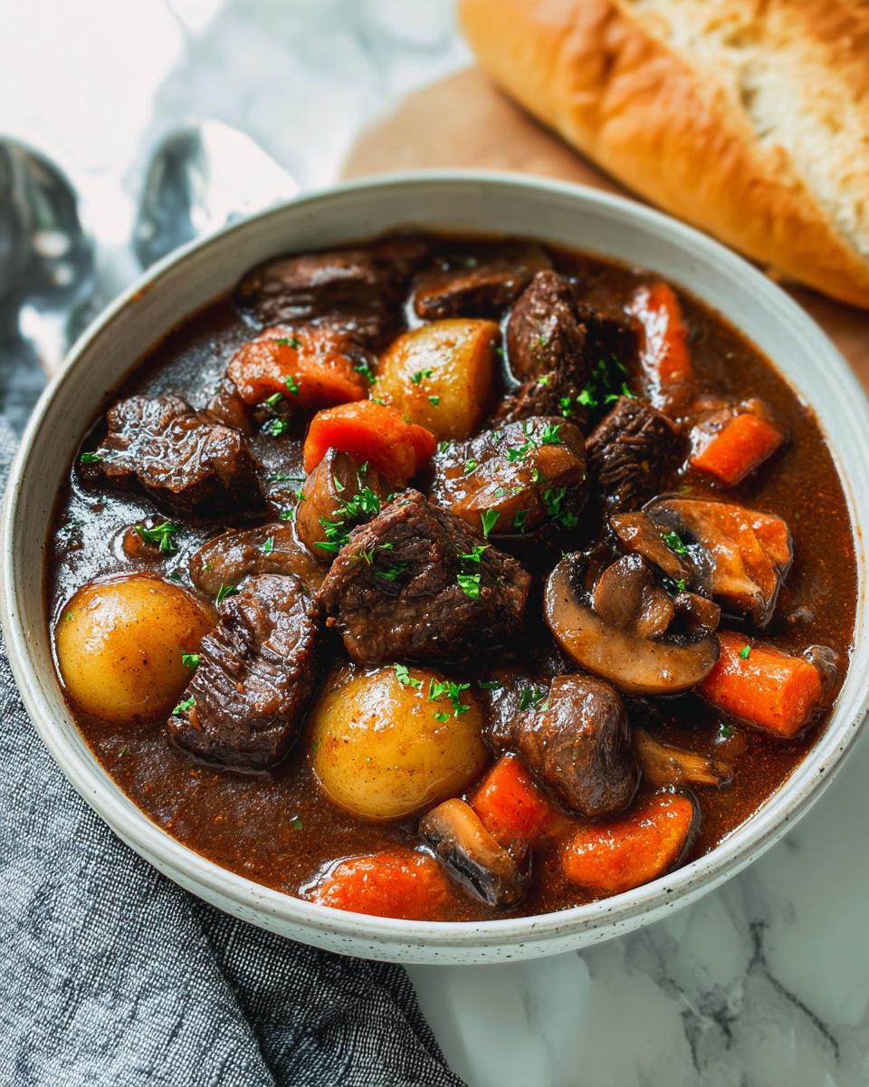 Hearty bowl of Beef Stew With Mushrooms, tender beef chunks, potatoes, and carrots in rich gravy.