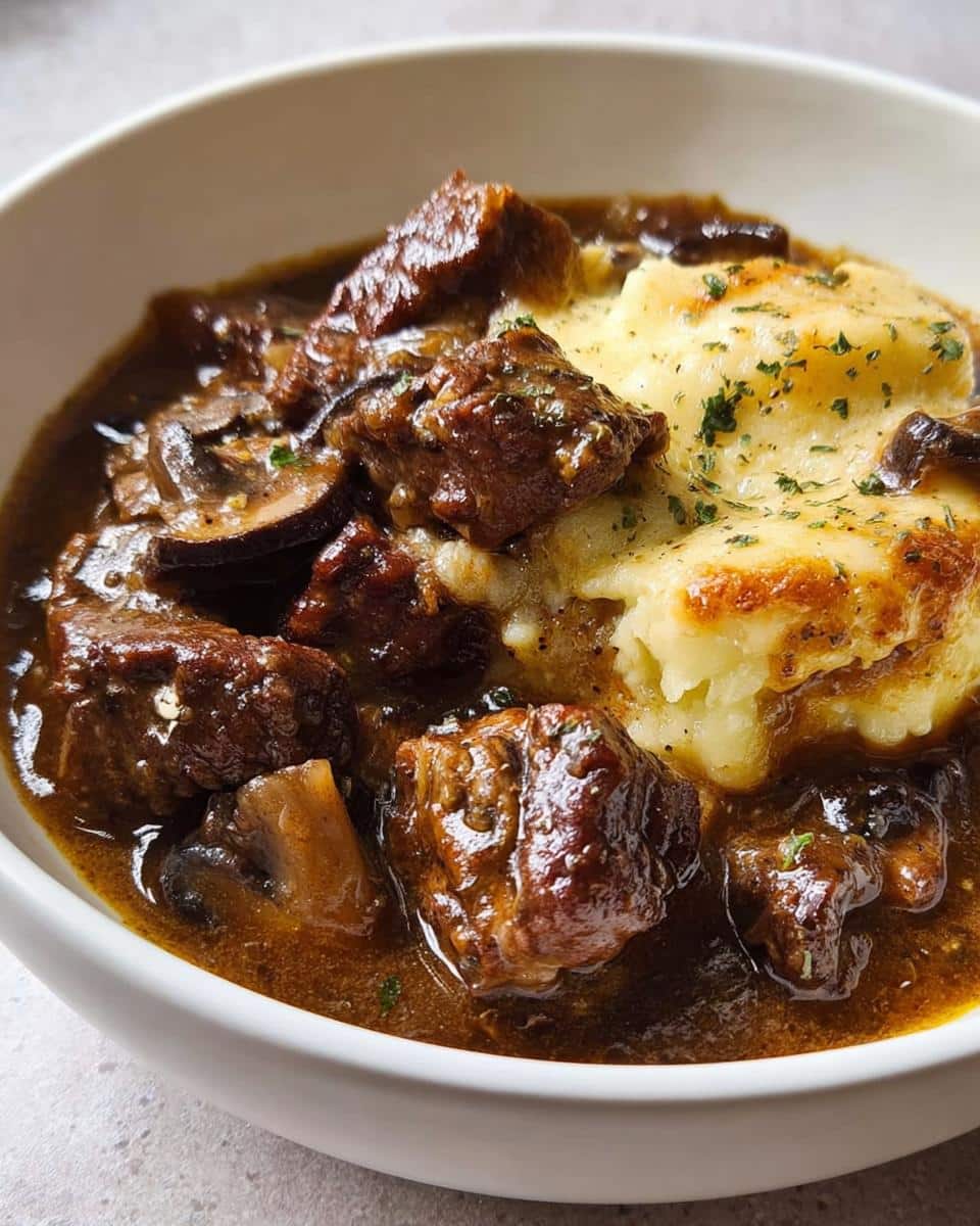 Close-up of tender chunks of Beef Stew With Onion Gravy served over creamy mashed potatoes.