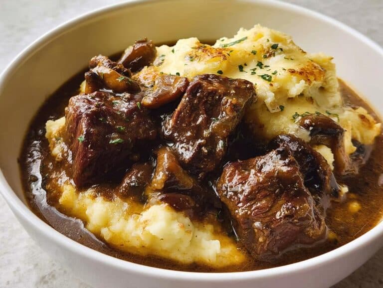 Close-up of tender chunks of Beef Stew With Onion Gravy served over creamy mashed potatoes.