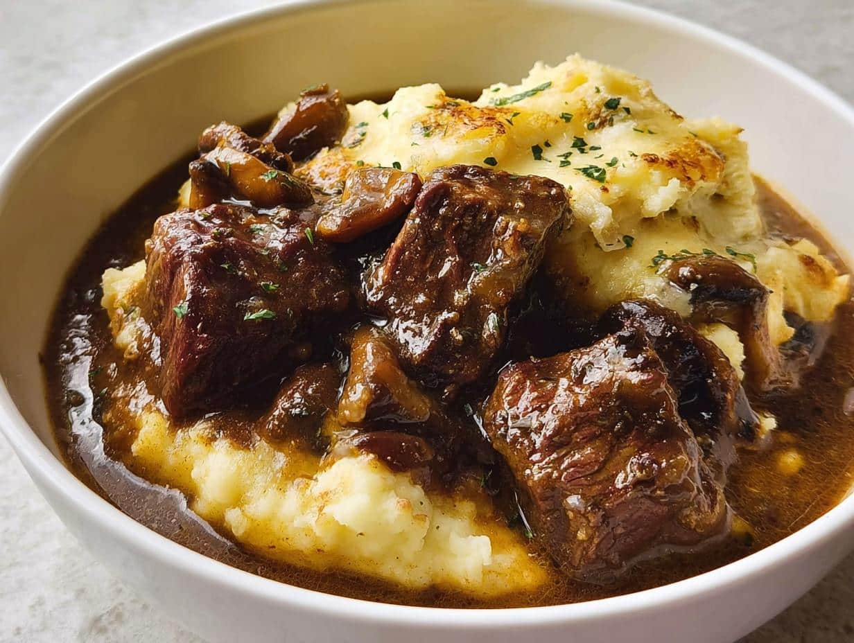 Close-up of tender chunks of Beef Stew With Onion Gravy served over creamy mashed potatoes.