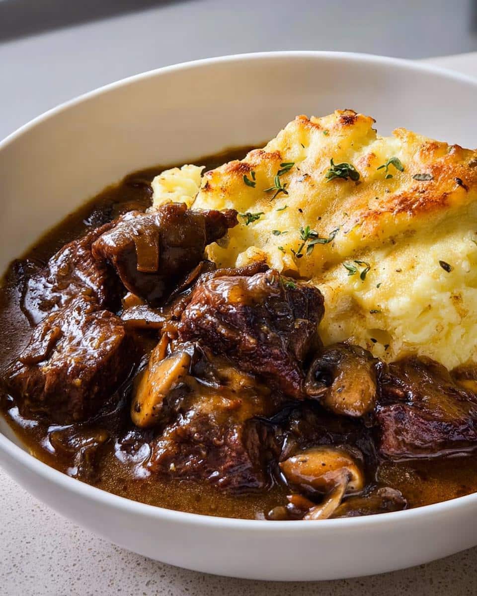 Close-up of tender chunks in Beef Stew With Onion Gravy served next to a scoop of golden, cheesy mashed potatoes.