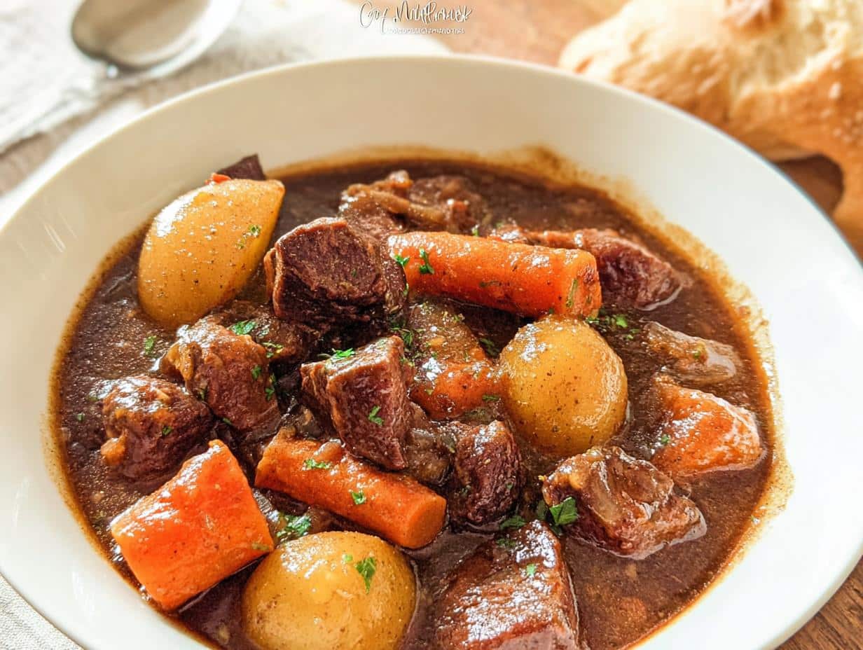 Close-up of rich, dark Beef Stew With Potatoes and carrots served in a white bowl.