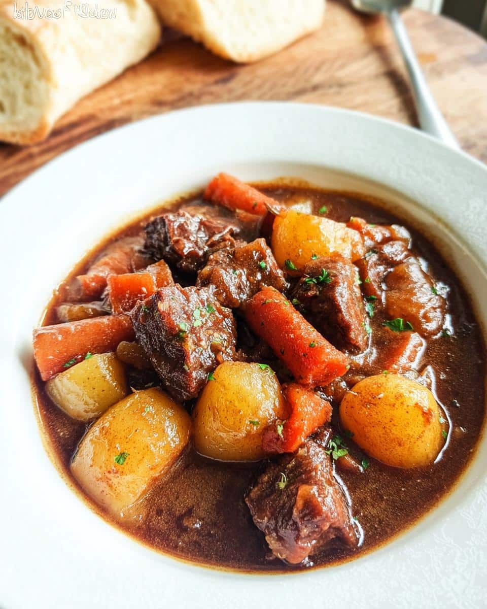 Close-up of a rich, dark Beef Stew With Potatoes and carrots served in a white bowl, garnished with parsley.