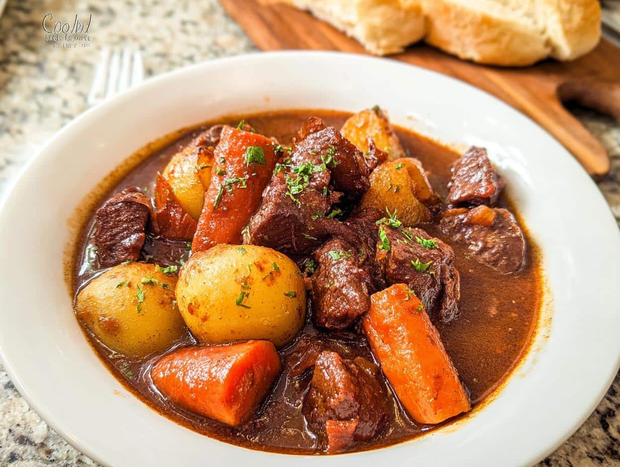 Close-up of a rich Beef Stew With Potatoes, tender beef chunks, and carrots in a white bowl, garnished with parsley.