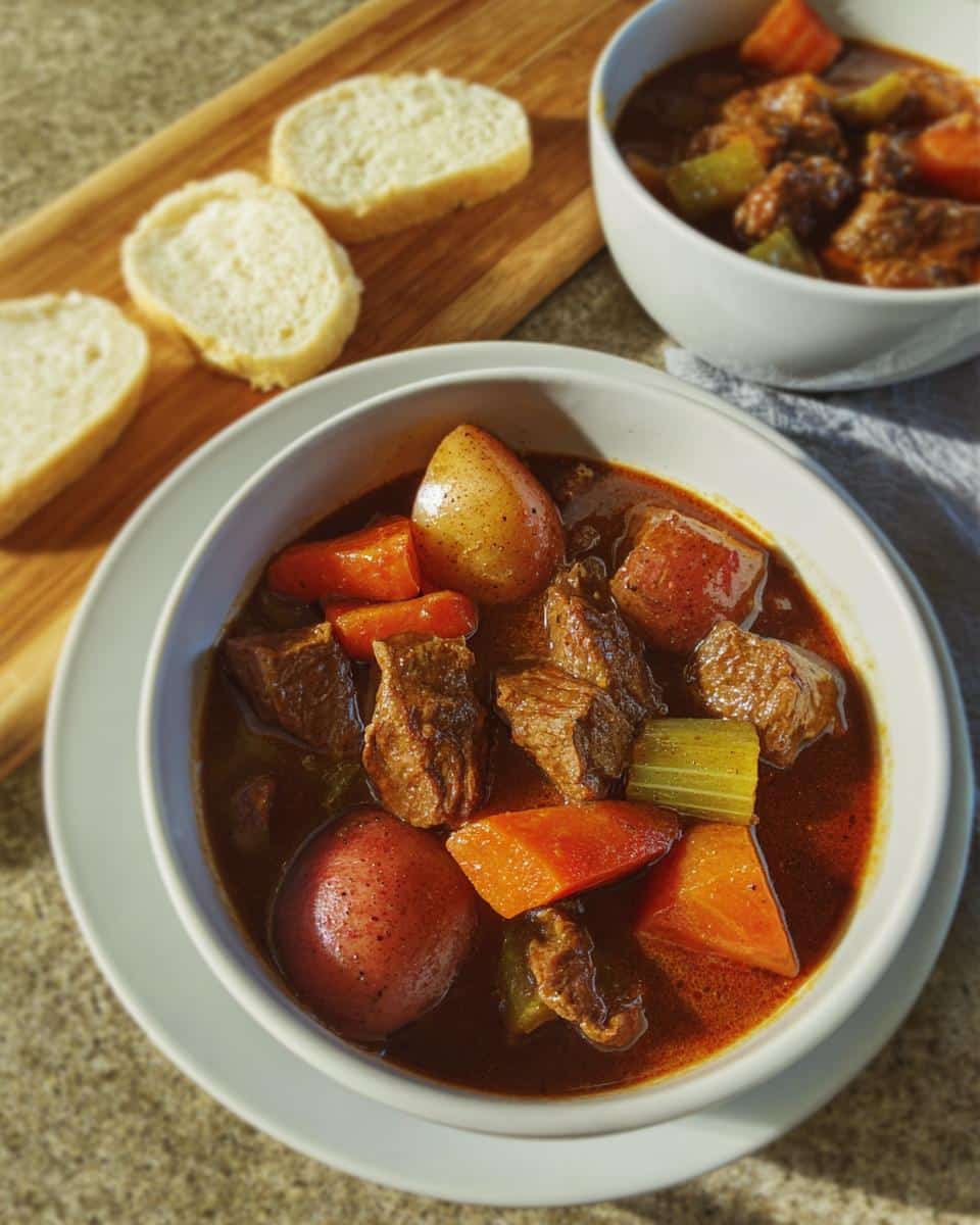 Close-up of a bowl of rich Beef Stew With Red Potatoes, carrots, and celery, served with bread slices.