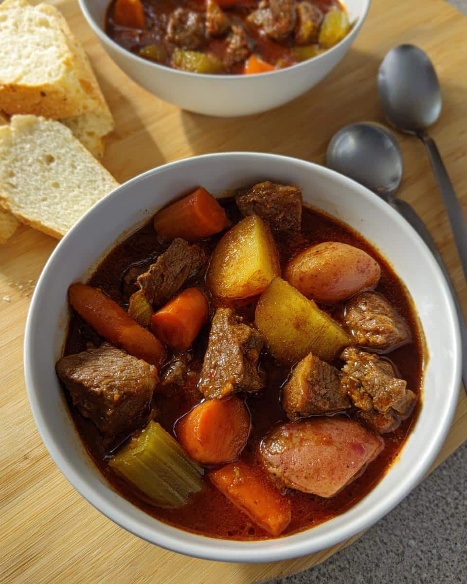 Close-up of a bowl of rich Beef Stew With Red Potatoes, carrots, and celery in a savory broth.
